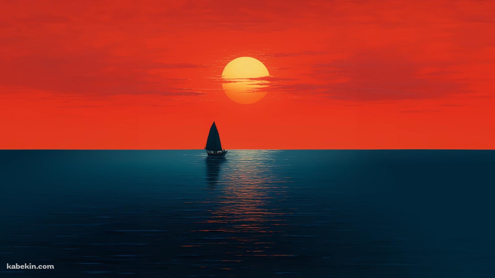 夕陽 / 赤く染まる空 / 大海原 / ヨットの壁紙(1600px x 900px) 高画質 PC・デスクトップ用