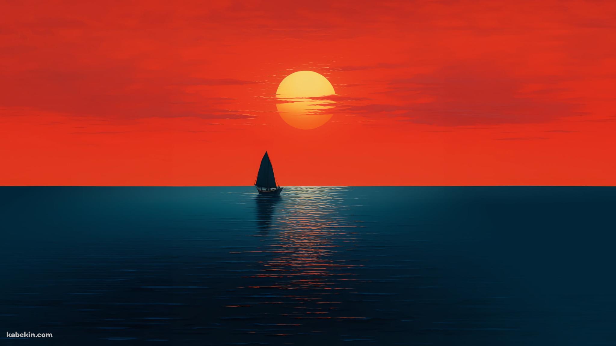 夕陽 / 赤く染まる空 / 大海原 / ヨットの壁紙(2048px x 1152px) 高画質 PC・デスクトップ用