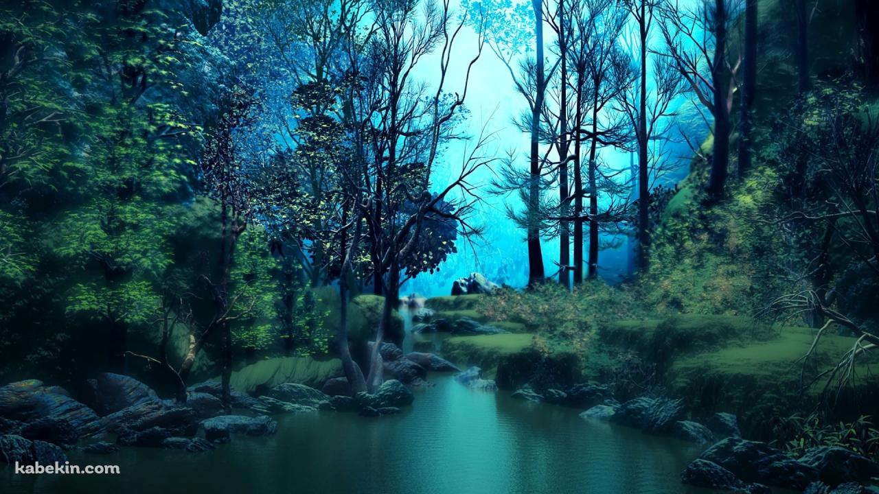 緑がかった森の中の風景 / 川 / ブラーの壁紙(1280px x 720px) 高画質 PC・デスクトップ用