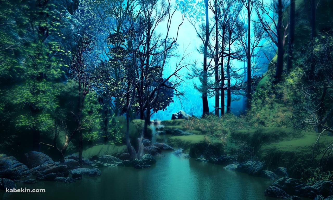 緑がかった森の中の風景 / 川 / ブラーの壁紙(1280px x 768px) 高画質 PC・デスクトップ用