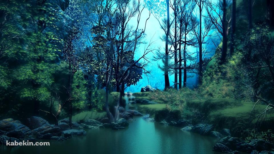 緑がかった森の中の風景 / 川 / ブラーの壁紙(960px x 540px) 高画質 PC・デスクトップ用