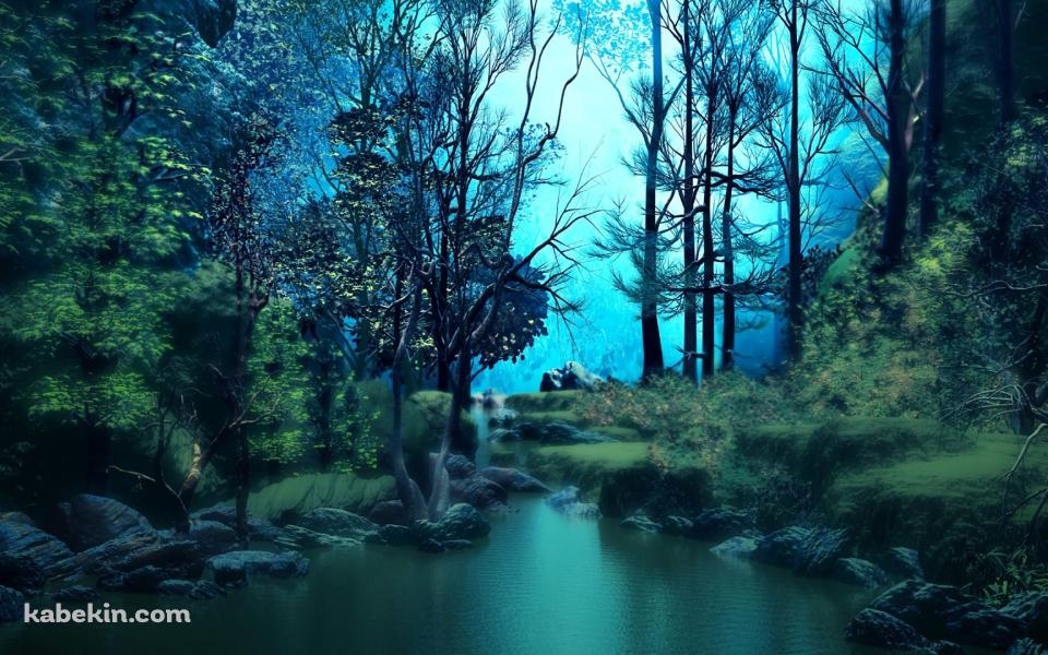 緑がかった森の中の風景 / 川 / ブラーの壁紙(960px x 600px) 高画質 PC・デスクトップ用