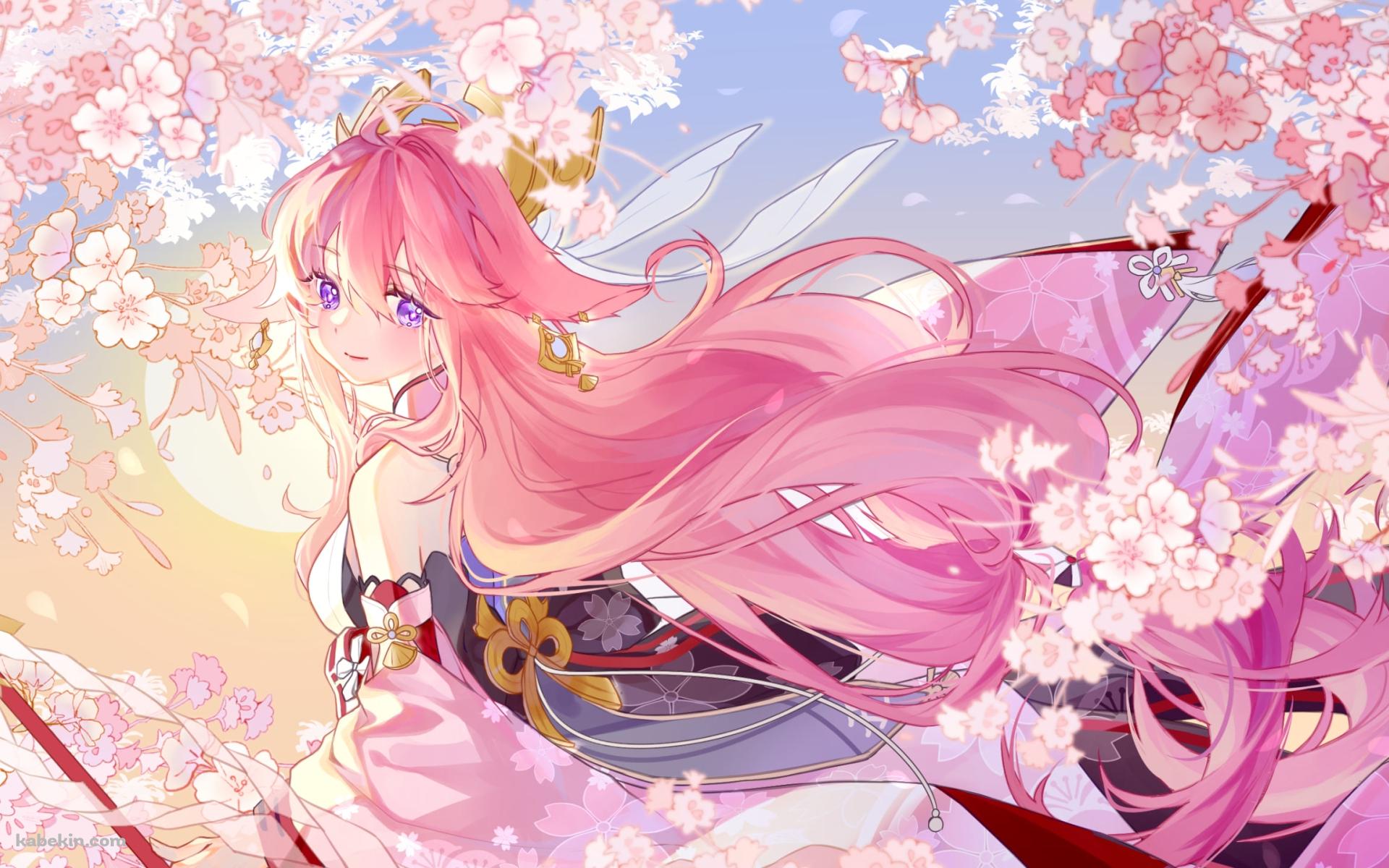 満開の桜とこちらに振り向く八重神子 / 朝日 / 原神の壁紙(1920px x 1200px) 高画質 PC・デスクトップ用