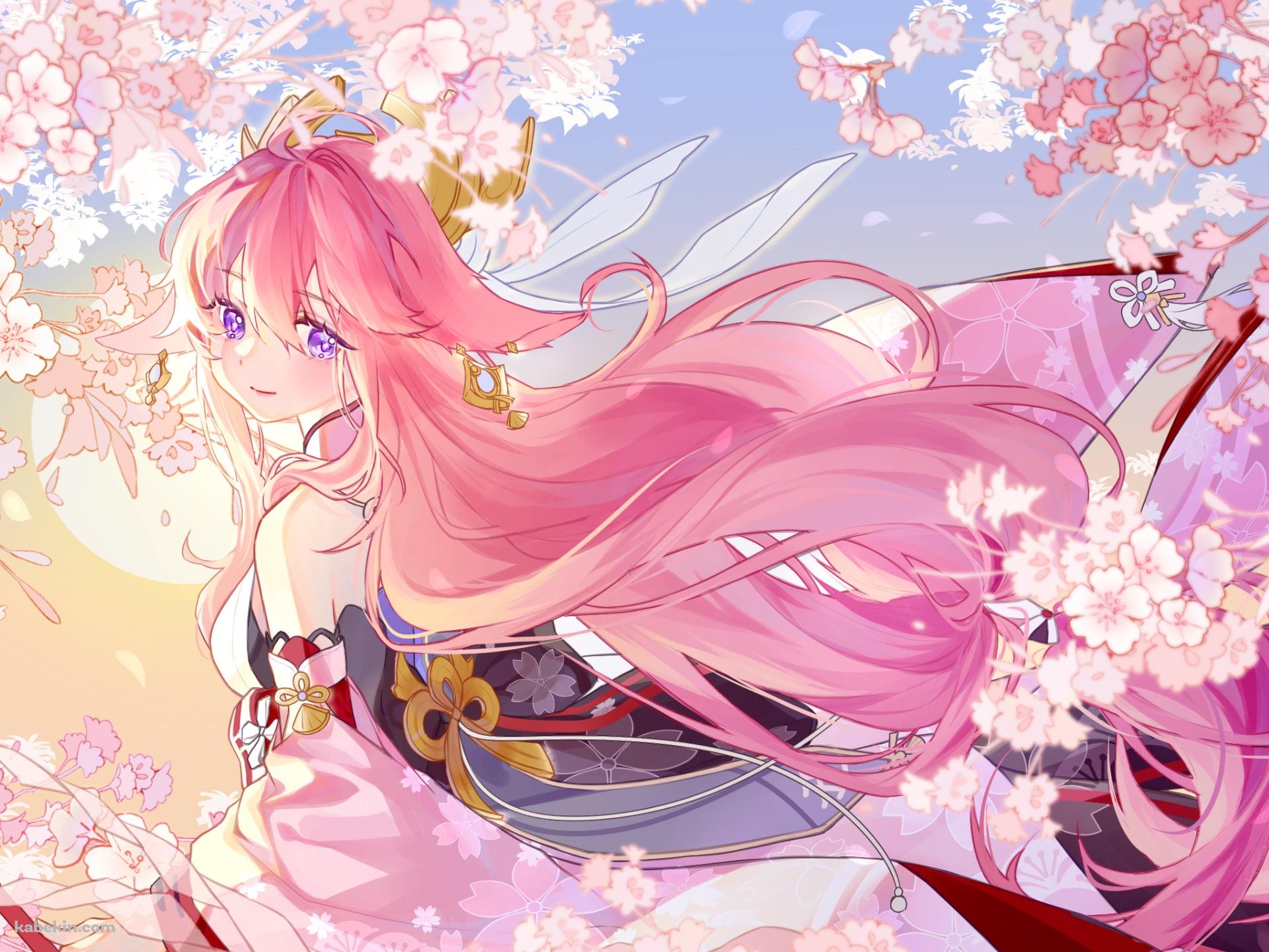 満開の桜とこちらに振り向く八重神子 / 朝日 / 原神の壁紙(1920px x 1440px) 高画質 PC・デスクトップ用