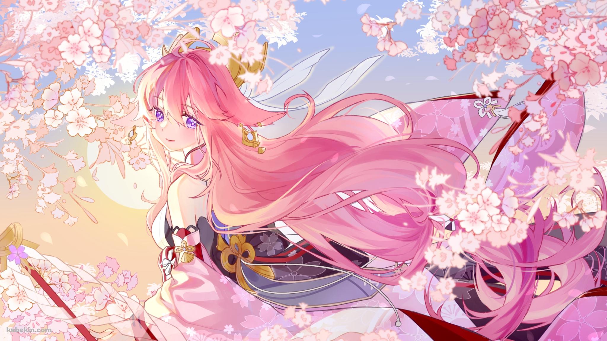 満開の桜とこちらに振り向く八重神子 / 朝日 / 原神の壁紙(2048px x 1152px) 高画質 PC・デスクトップ用
