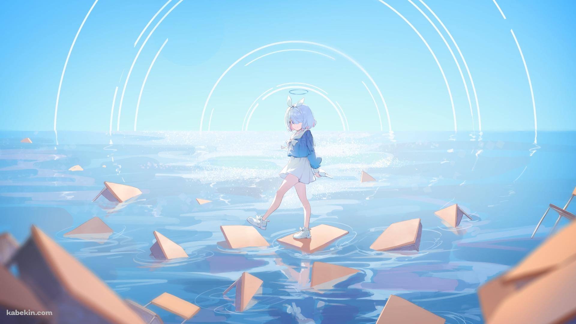 海に浮かんだ机の上を歩くアロナ / ブルーアーカイブの壁紙(1920px x 1080px) 高画質 PC・デスクトップ用