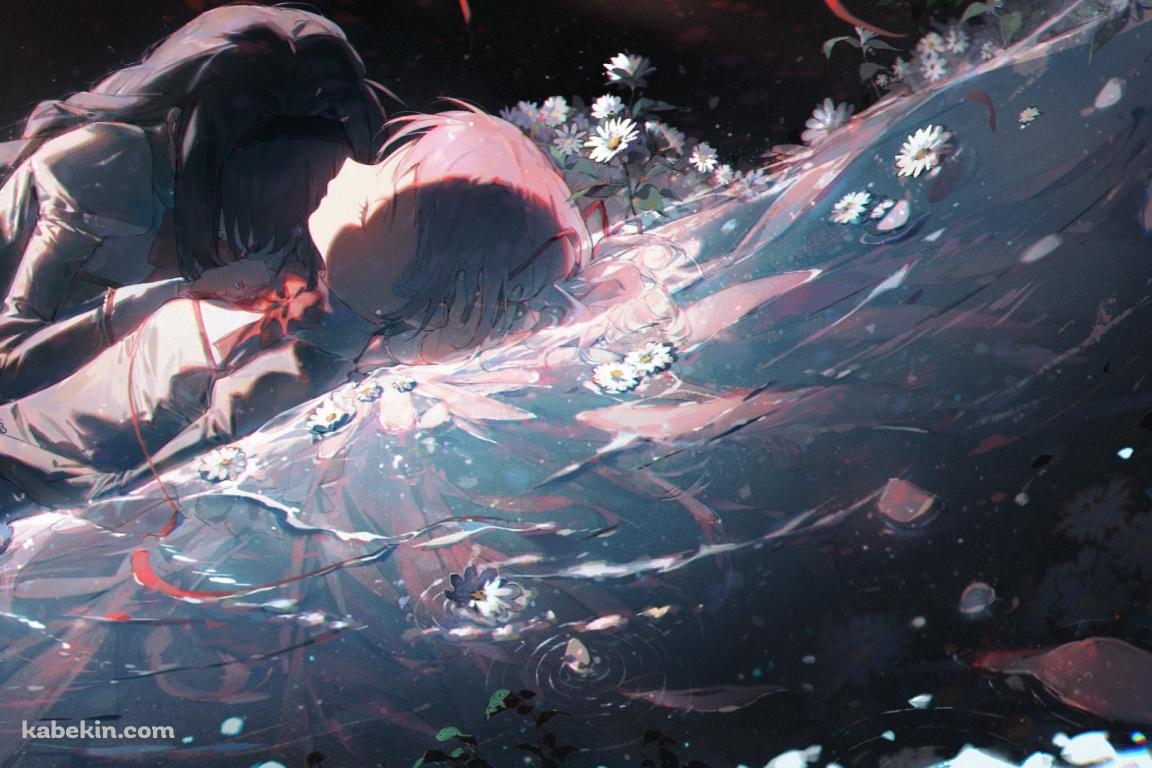 水の上で横たわる鹿目まどかと覆いかぶさる暁美ほむら / 魔法少女まどか☆マギカの壁紙(1152px x 768px) 高画質 PC・デスクトップ用
