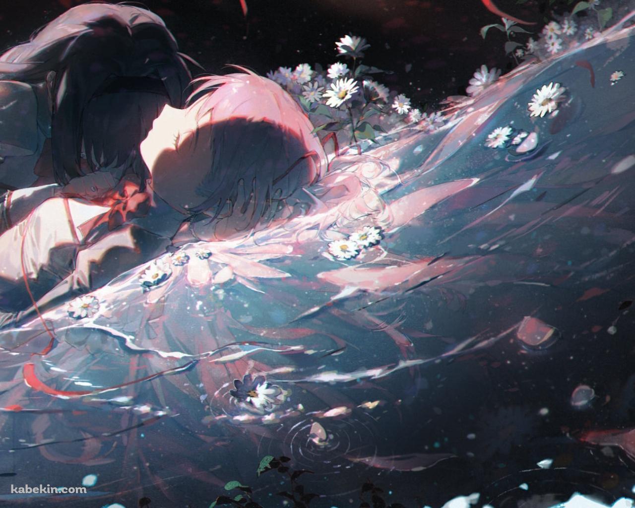 水の上で横たわる鹿目まどかと覆いかぶさる暁美ほむら / 魔法少女まどか☆マギカの壁紙(1280px x 1024px) 高画質 PC・デスクトップ用