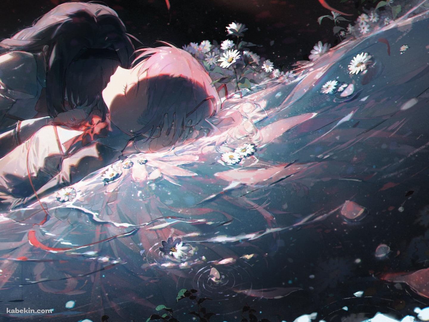 水の上で横たわる鹿目まどかと覆いかぶさる暁美ほむら / 魔法少女まどか☆マギカの壁紙(1440px x 1080px) 高画質 PC・デスクトップ用
