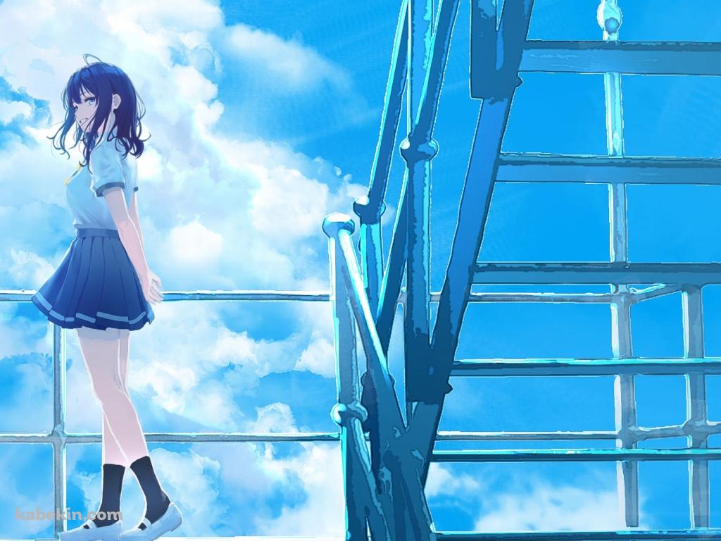 外階段の踊り場で振り返る八奈見杏菜 / 青空 / 負けヒロインが多すぎる!の壁紙(1024px x 768px) 高画質 PC・デスクトップ用