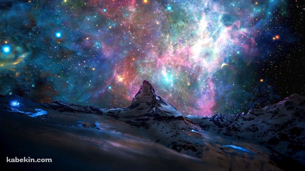 雪山とキラキラ光る銀河 / 星空の壁紙(1024px x 576px) 高画質 PC・デスクトップ用