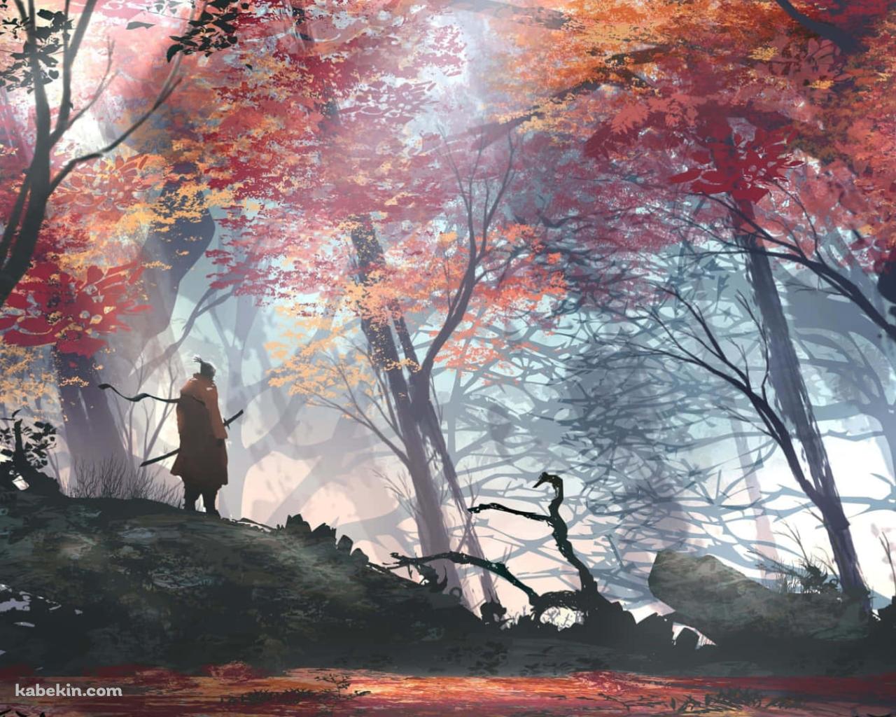 紅葉と森の中に佇む侍の壁紙(1280px x 1024px) 高画質 PC・デスクトップ用