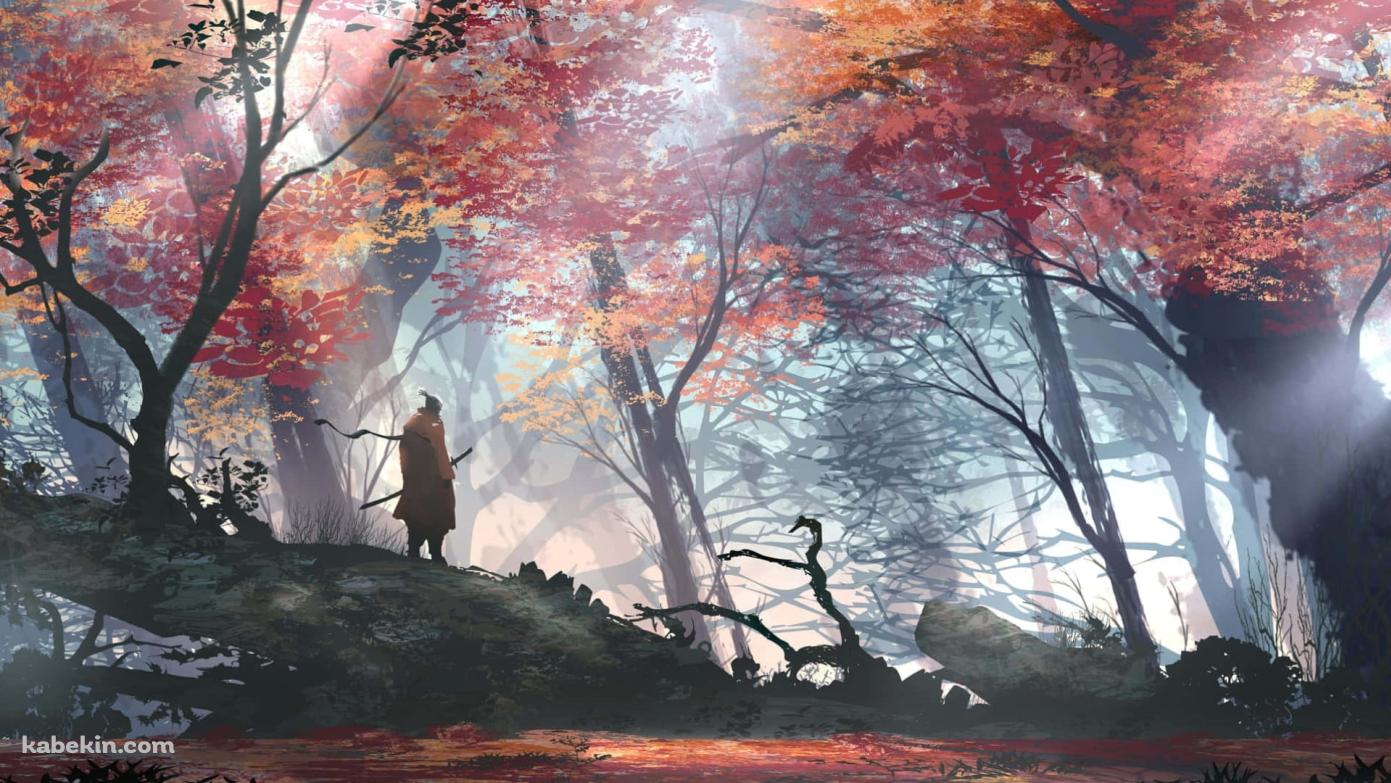 紅葉と森の中に佇む侍の壁紙(1391px x 783px) 高画質 PC・デスクトップ用