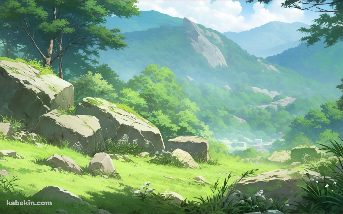 夏の緑豊かな丘陵地帯 / イラストの壁紙(1152px x 720px) 高画質 PC・デスクトップ用