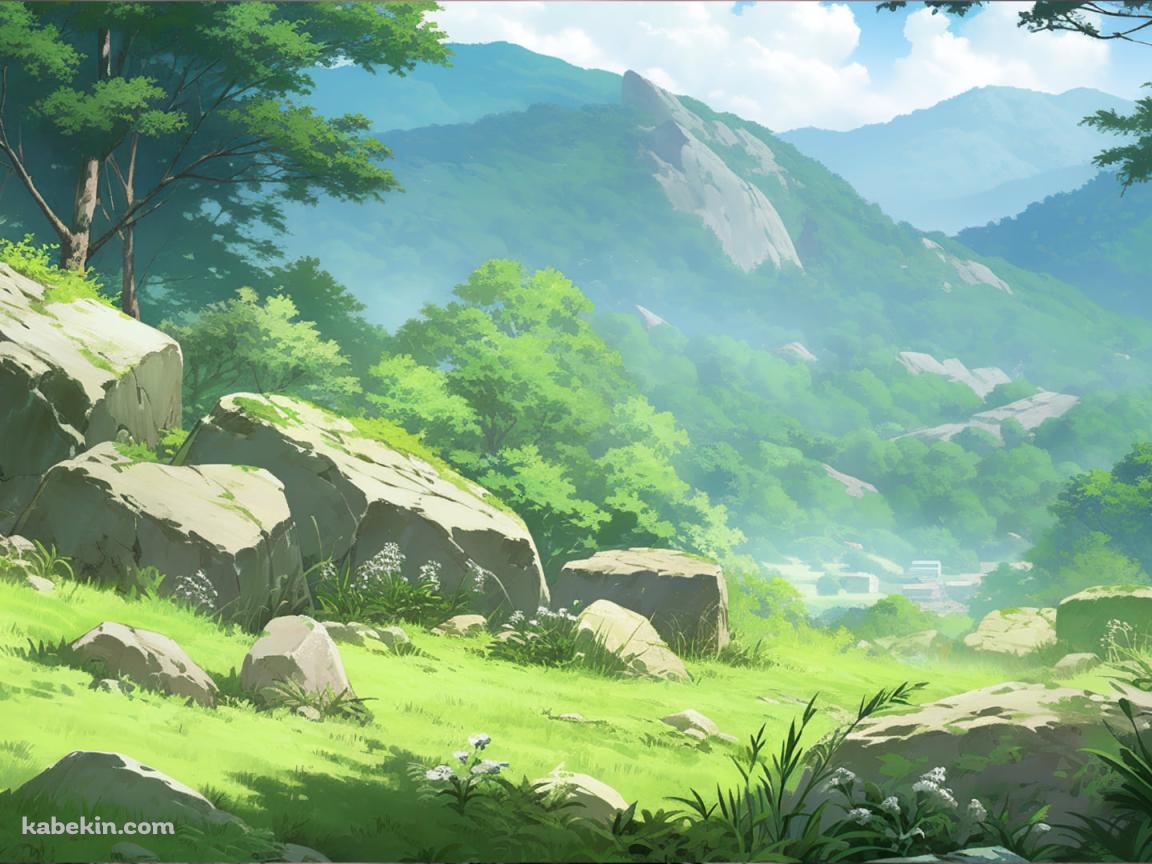 夏の緑豊かな丘陵地帯 / イラストの壁紙(1152px x 864px) 高画質 PC・デスクトップ用