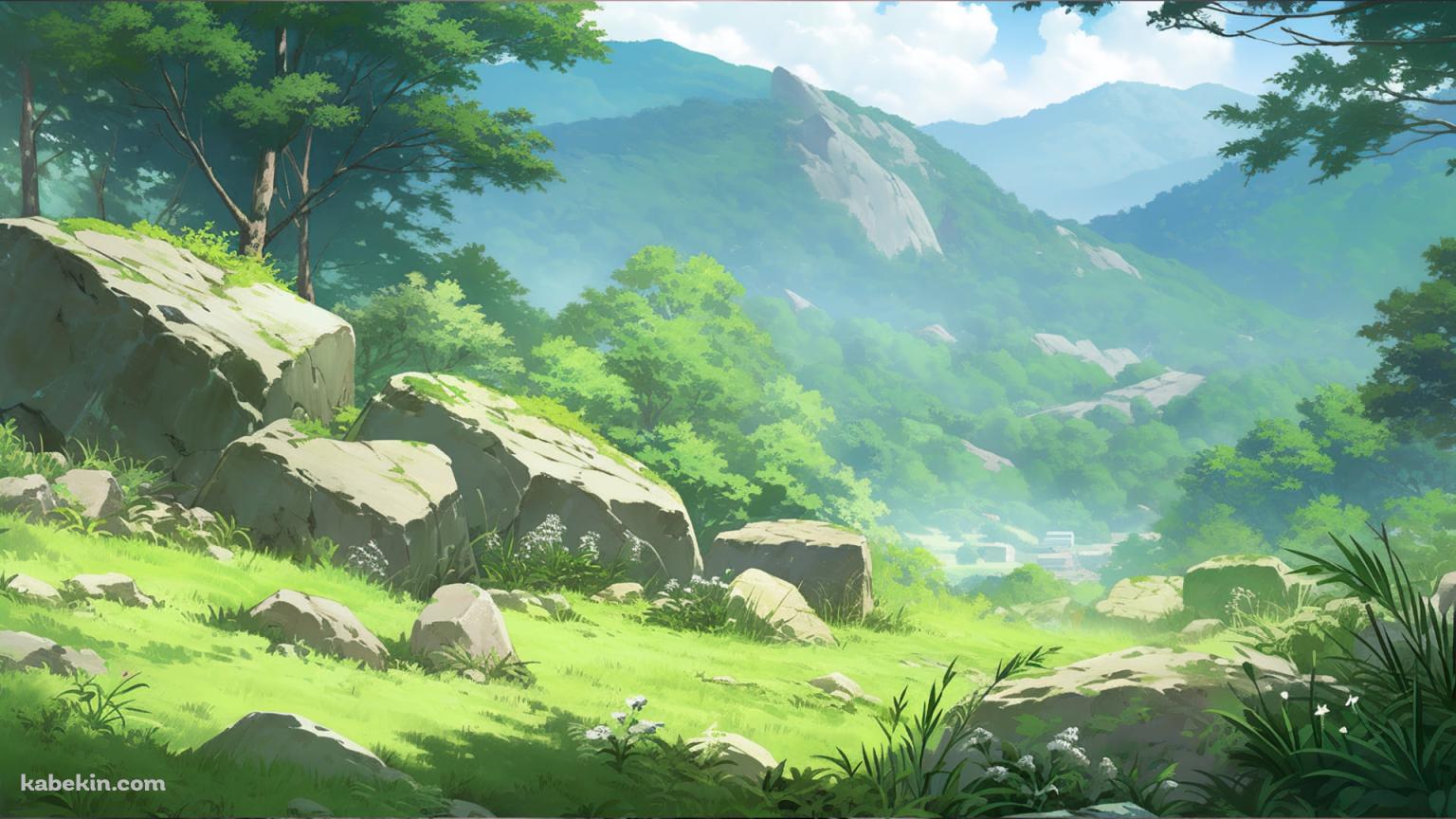 夏の緑豊かな丘陵地帯 / イラストの壁紙(1536px x 864px) 高画質 PC・デスクトップ用