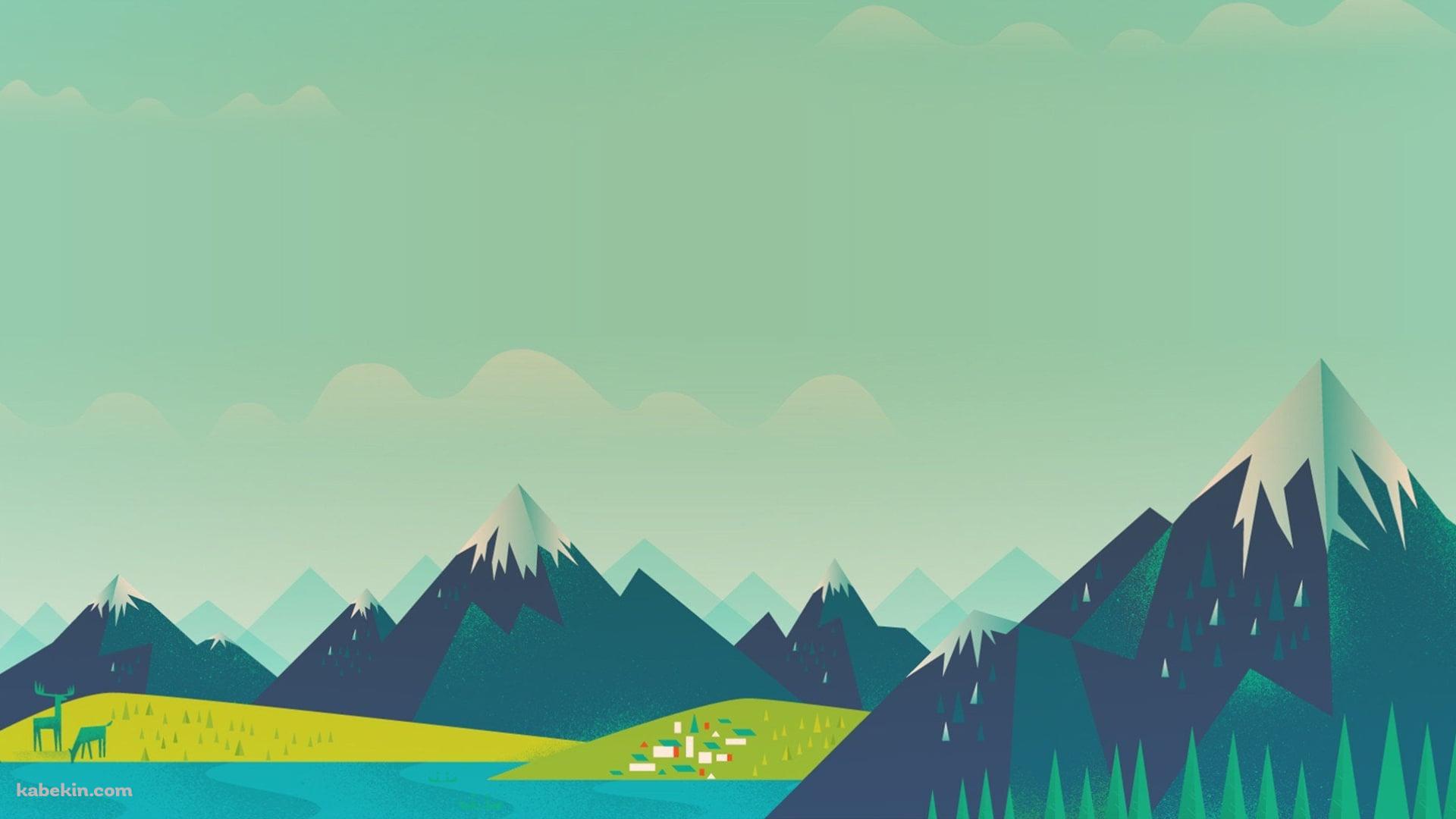 雪山と川のイラストの壁紙(1920px x 1080px) 高画質 PC・デスクトップ用