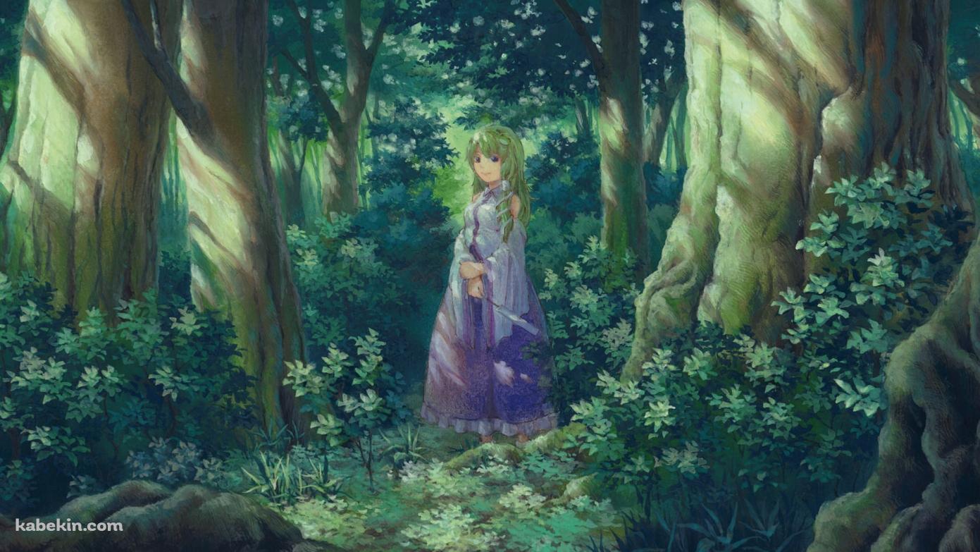 森の中で佇む東風谷早苗 / 東方の壁紙(1391px x 783px) 高画質 PC・デスクトップ用