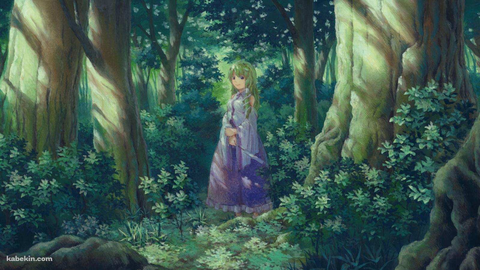 森の中で佇む東風谷早苗 / 東方の壁紙(1600px x 900px) 高画質 PC・デスクトップ用