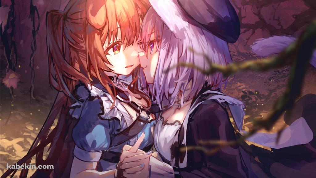 手をつなぐ猫又おかゆ / 戌神ころね / ホロライブ / バーチャルYouTuberの壁紙(1024px x 576px) 高画質 PC・デスクトップ用