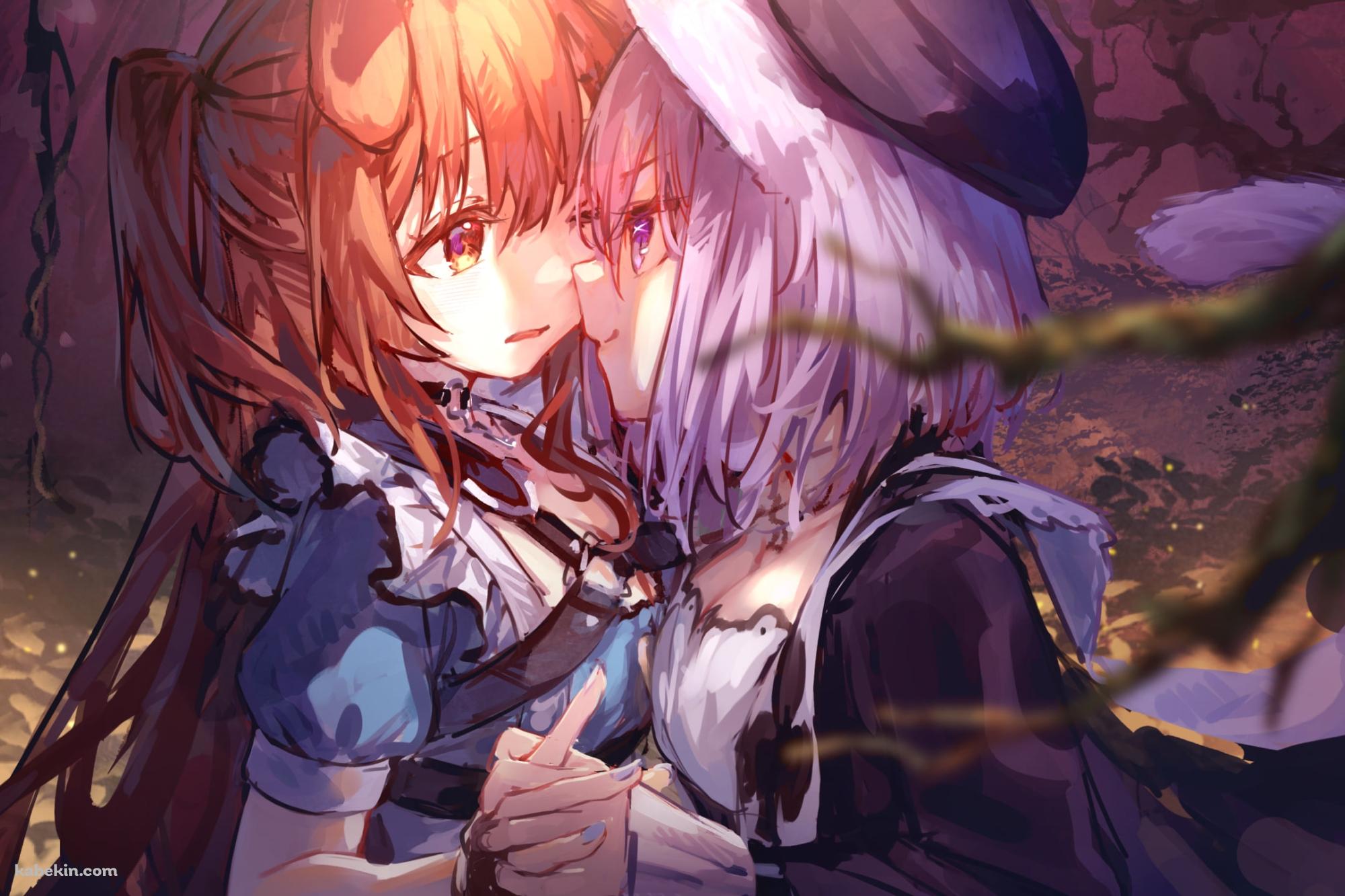 手をつなぐ猫又おかゆ / 戌神ころね / ホロライブ / バーチャルYouTuberの壁紙(2000px x 1333px) 高画質 PC・デスクトップ用