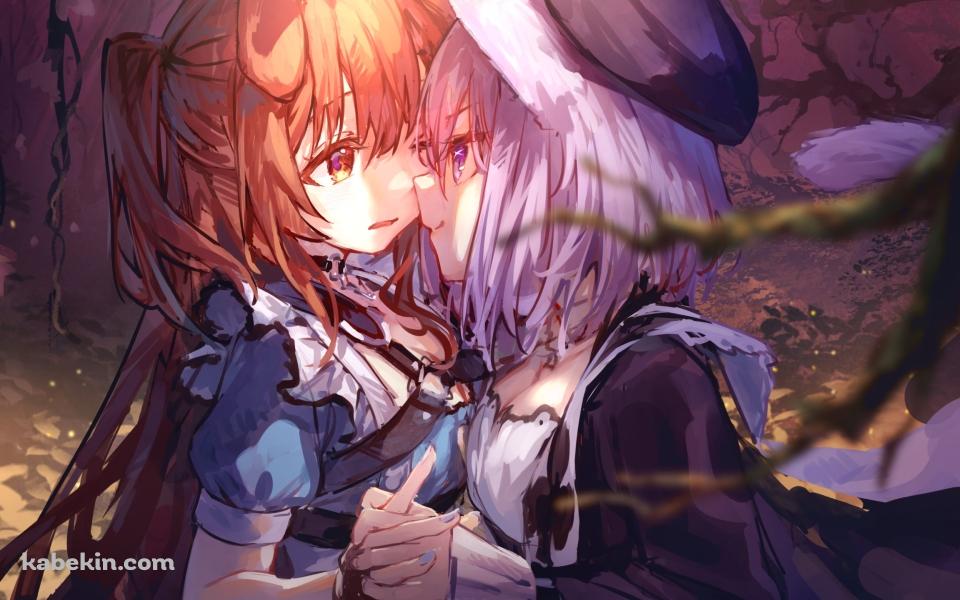 手をつなぐ猫又おかゆ / 戌神ころね / ホロライブ / バーチャルYouTuberの壁紙(960px x 600px) 高画質 PC・デスクトップ用