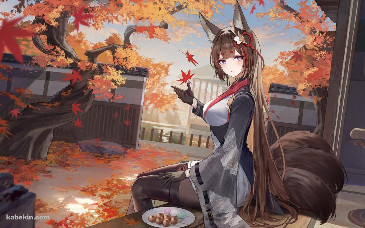縁側でお団子を食べる天城 / 紅葉 / アズールレーンの壁紙(1280px x 800px) 高画質 PC・デスクトップ用
