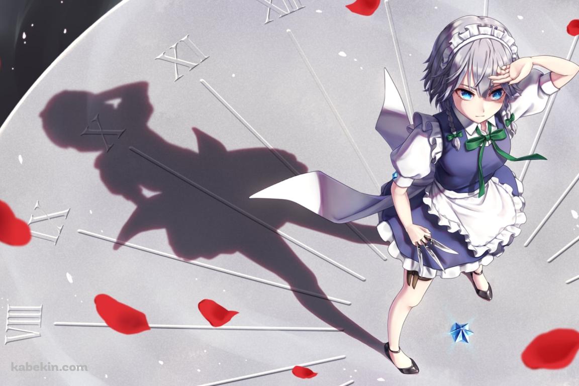 時計の上に立つ十六夜咲夜 / 東方の壁紙(1152px x 768px) 高画質 PC・デスクトップ用