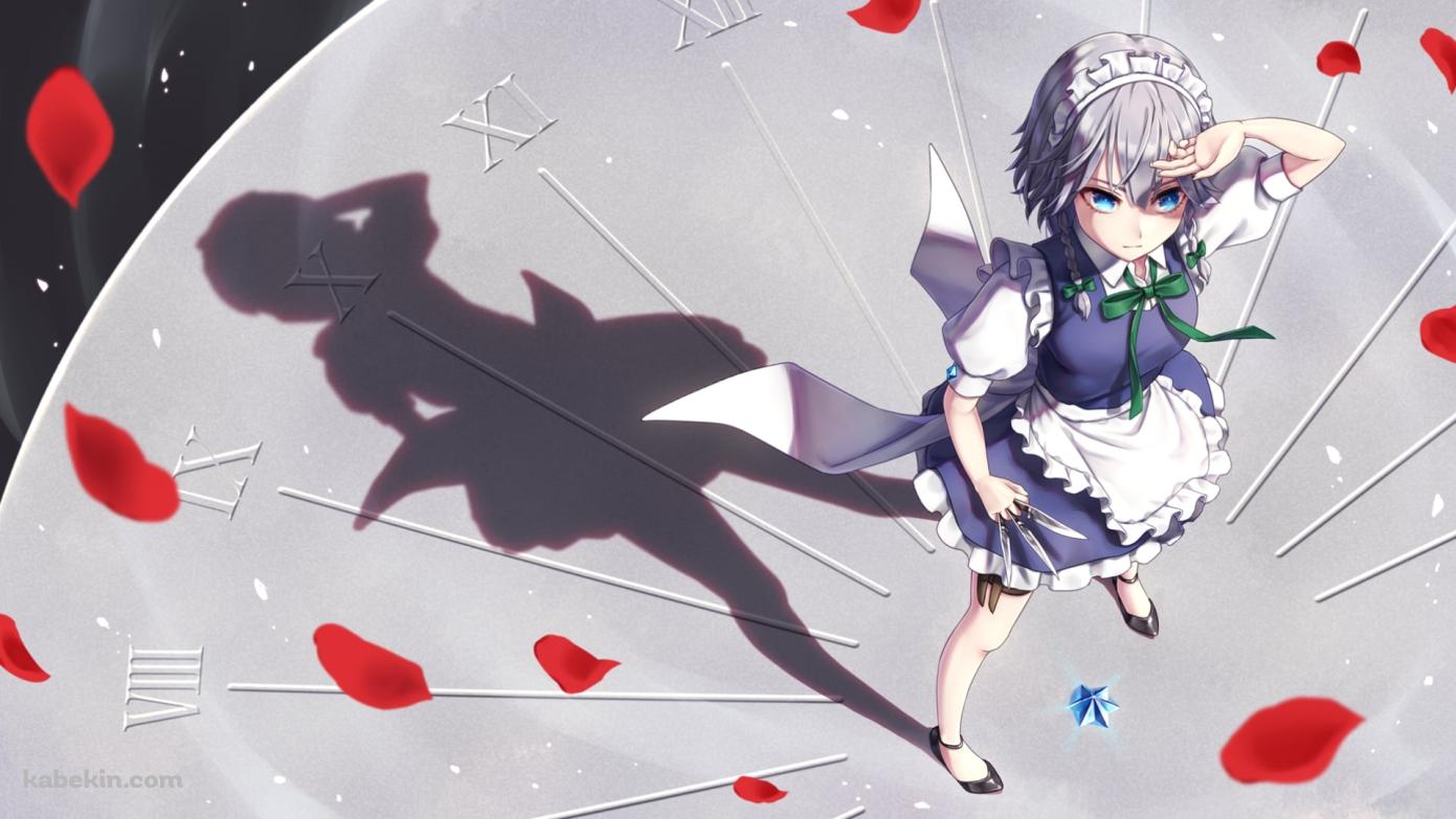 時計の上に立つ十六夜咲夜 / 東方の壁紙(1391px x 783px) 高画質 PC・デスクトップ用