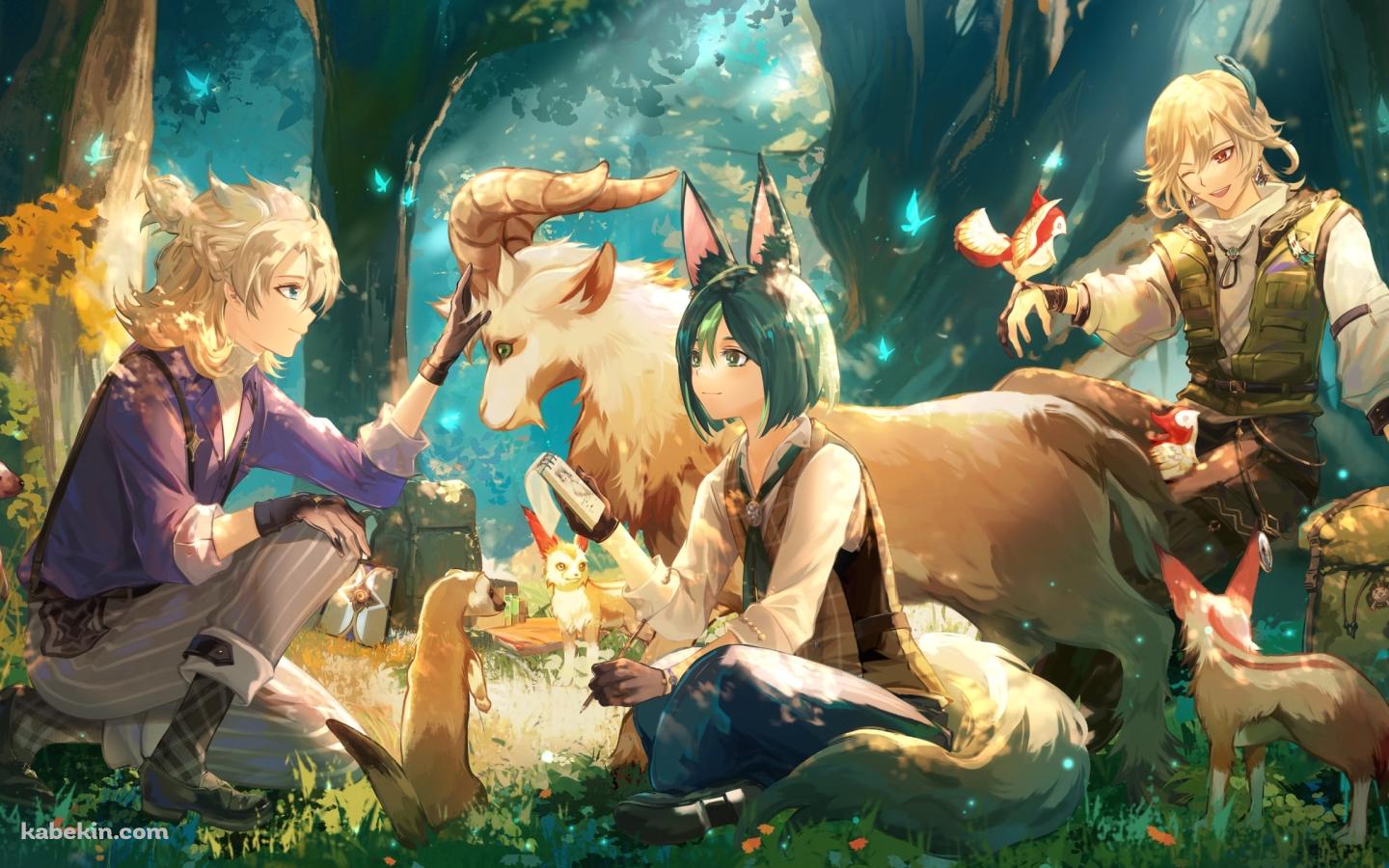 森の中で動物と戯れるアルベド / ティナリ / カーヴェ / 原神の壁紙(1440px x 900px) 高画質 PC・デスクトップ用