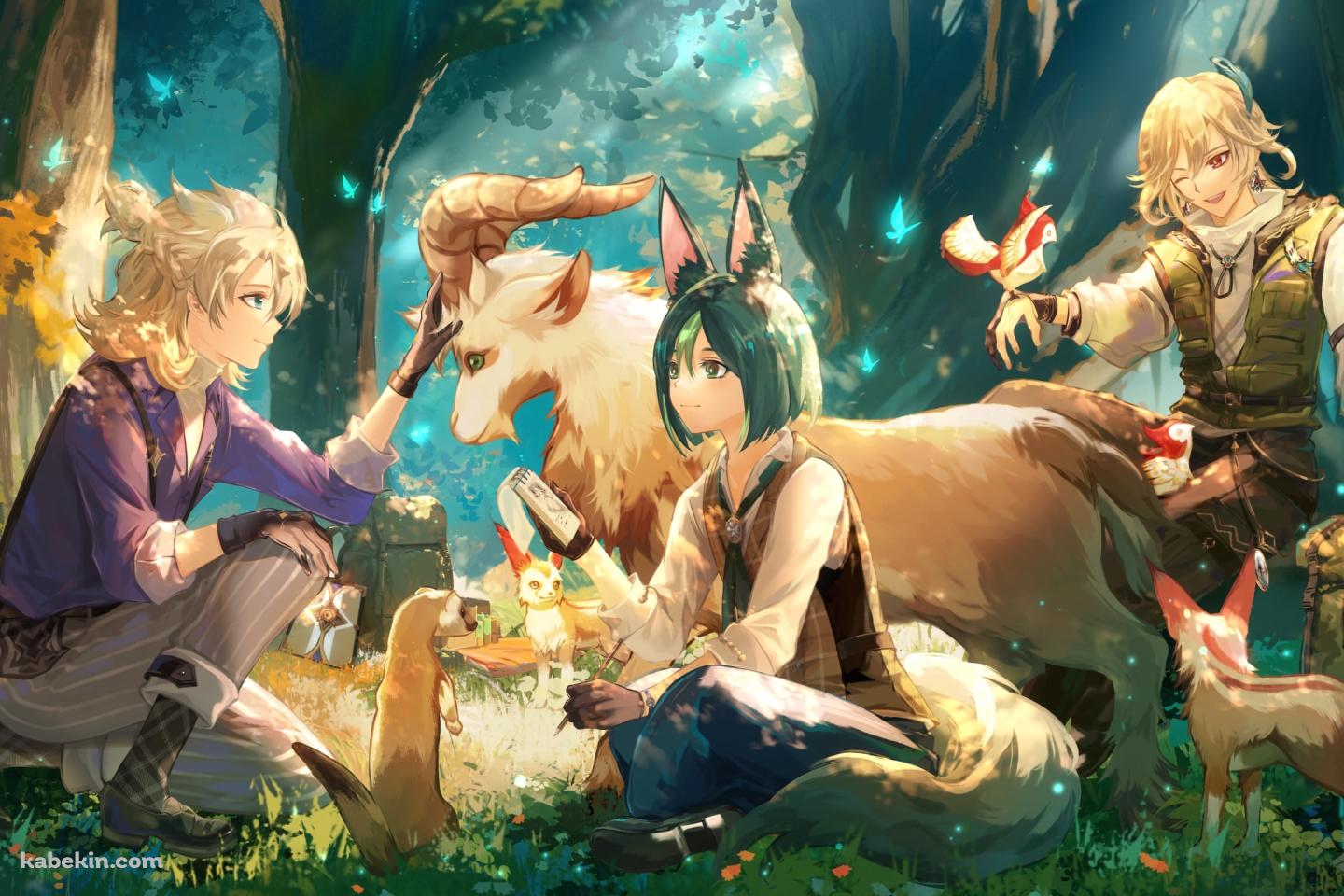 森の中で動物と戯れるアルベド / ティナリ / カーヴェ / 原神の壁紙(1440px x 960px) 高画質 PC・デスクトップ用
