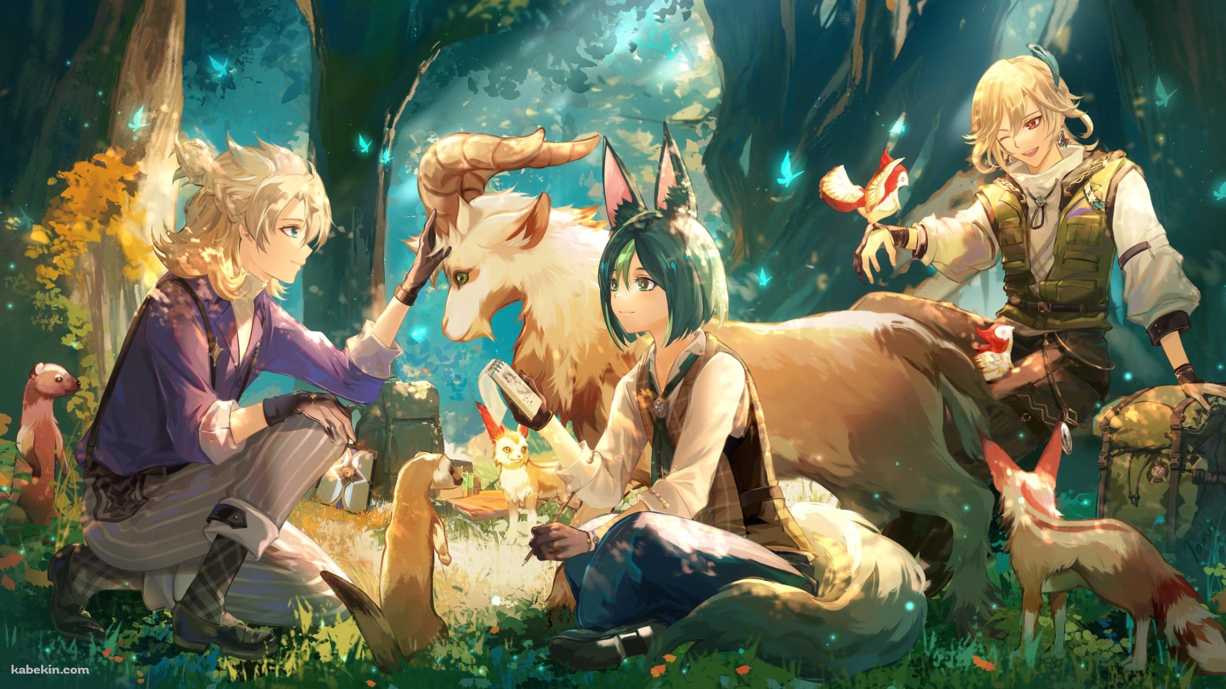 森の中で動物と戯れるアルベド / ティナリ / カーヴェ / 原神の壁紙(2400px x 1350px) 高画質 PC・デスクトップ用