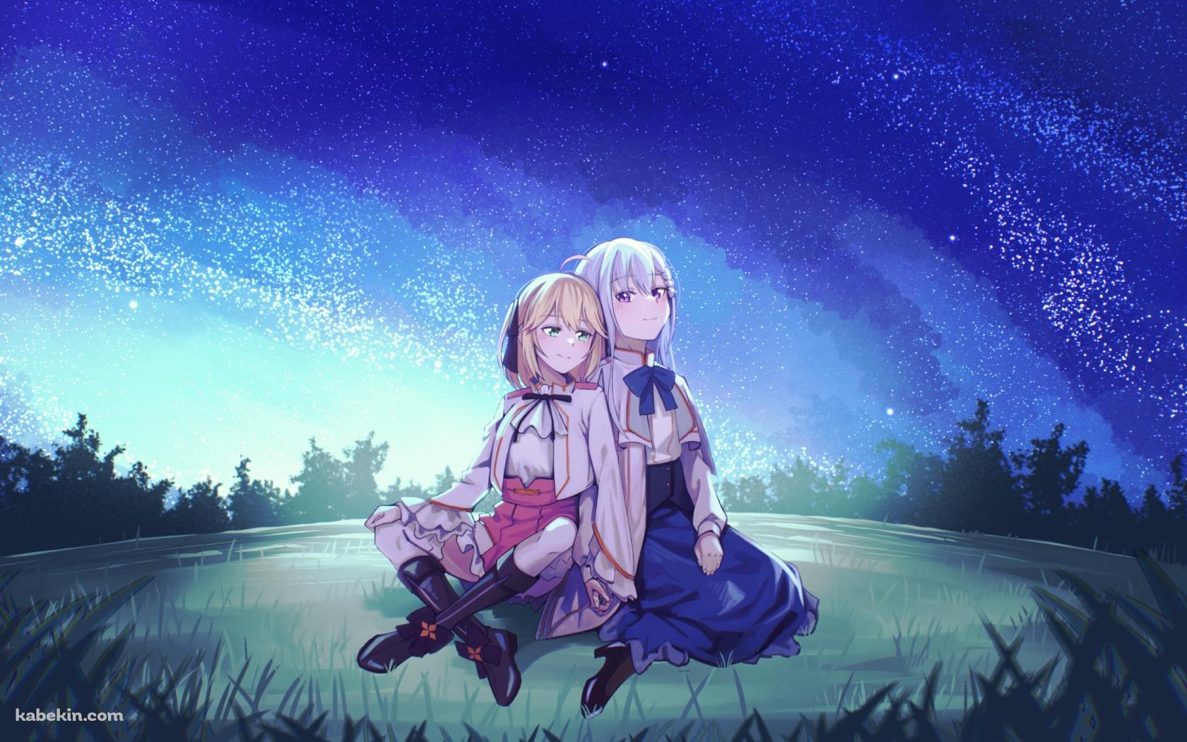 背中合わせに座るアニスフィア・ウィン・パレッティア / ユフィリア・マゼンタ / 夜空 / 転生王女と天才令嬢の魔法革命の壁紙(1680px x 1050px) 高画質 PC・デスクトップ用