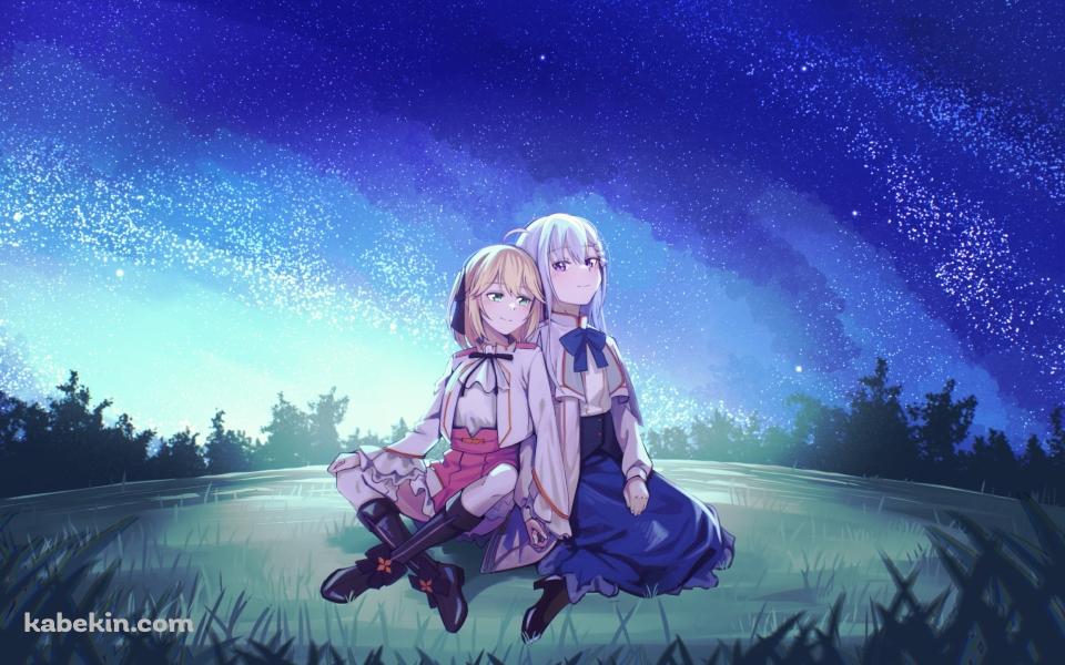 背中合わせに座るアニスフィア・ウィン・パレッティア / ユフィリア・マゼンタ / 夜空 / 転生王女と天才令嬢の魔法革命の壁紙(960px x 600px) 高画質 PC・デスクトップ用