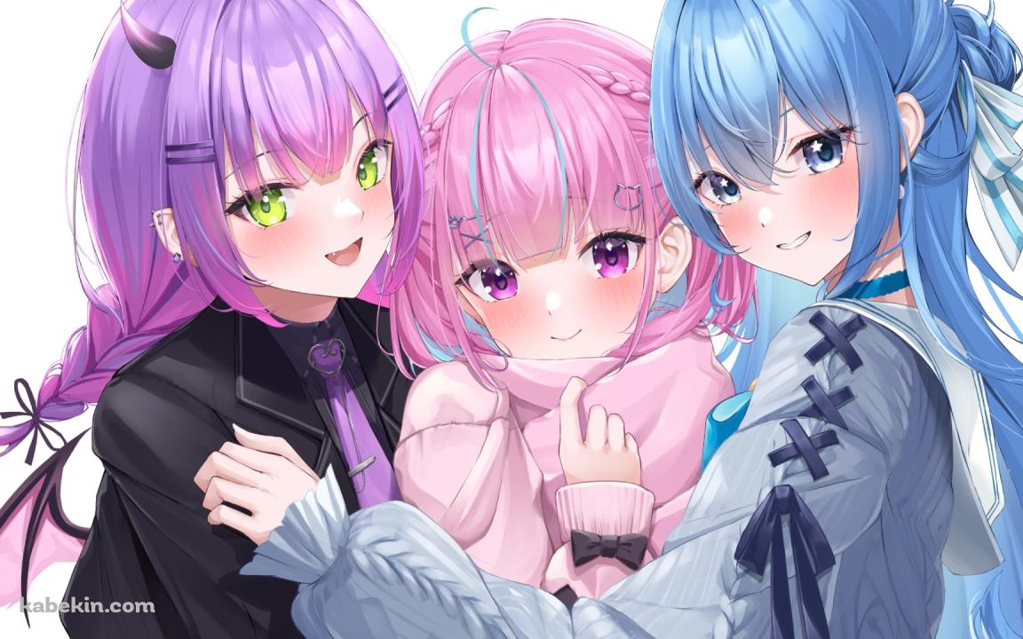 身体を寄せ合う湊あくあ / 常闇トワ / 星街すいせい / ホロライブ / バーチャルYouTuber / Vtuberの壁紙(1152px x 720px) 高画質 PC・デスクトップ用