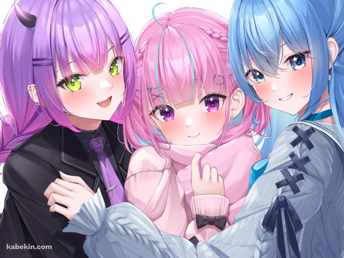 身体を寄せ合う湊あくあ / 常闇トワ / 星街すいせい / ホロライブ / バーチャルYouTuber / Vtuberの壁紙(1152px x 864px) 高画質 PC・デスクトップ用