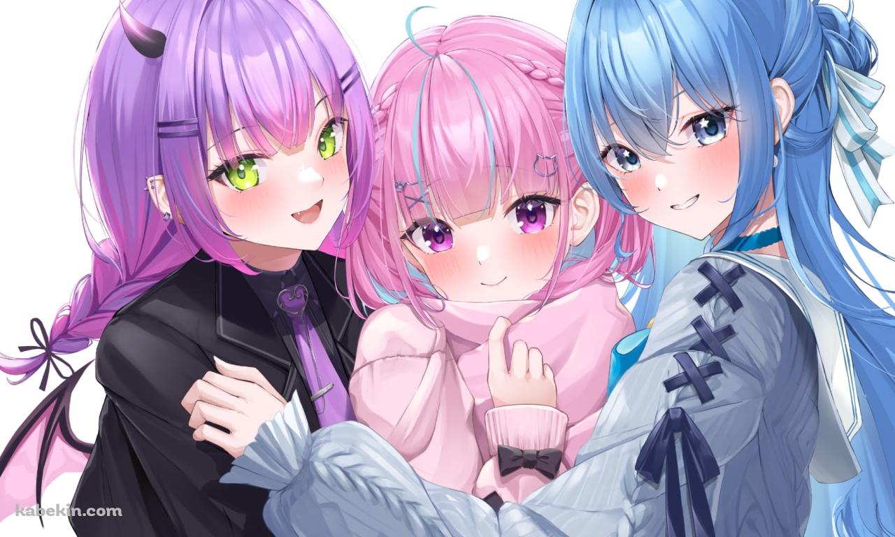 身体を寄せ合う湊あくあ / 常闇トワ / 星街すいせい / ホロライブ / バーチャルYouTuber / Vtuberの壁紙(1280px x 768px) 高画質 PC・デスクトップ用