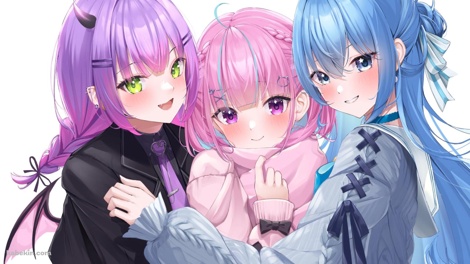身体を寄せ合う湊あくあ / 常闇トワ / 星街すいせい / ホロライブ / バーチャルYouTuber / Vtuberの壁紙(1600px x 900px) 高画質 PC・デスクトップ用
