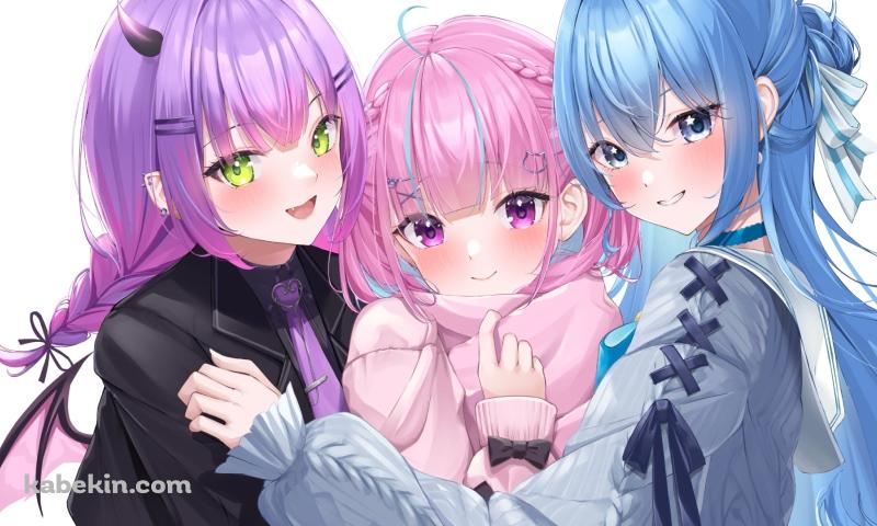 身体を寄せ合う湊あくあ / 常闇トワ / 星街すいせい / ホロライブ / バーチャルYouTuber / Vtuberの壁紙(800px x 480px) 高画質 PC・デスクトップ用