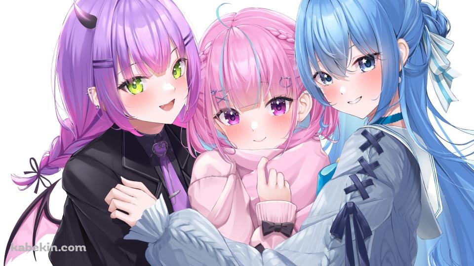 身体を寄せ合う湊あくあ / 常闇トワ / 星街すいせい / ホロライブ / バーチャルYouTuber / Vtuberの壁紙(960px x 540px) 高画質 PC・デスクトップ用