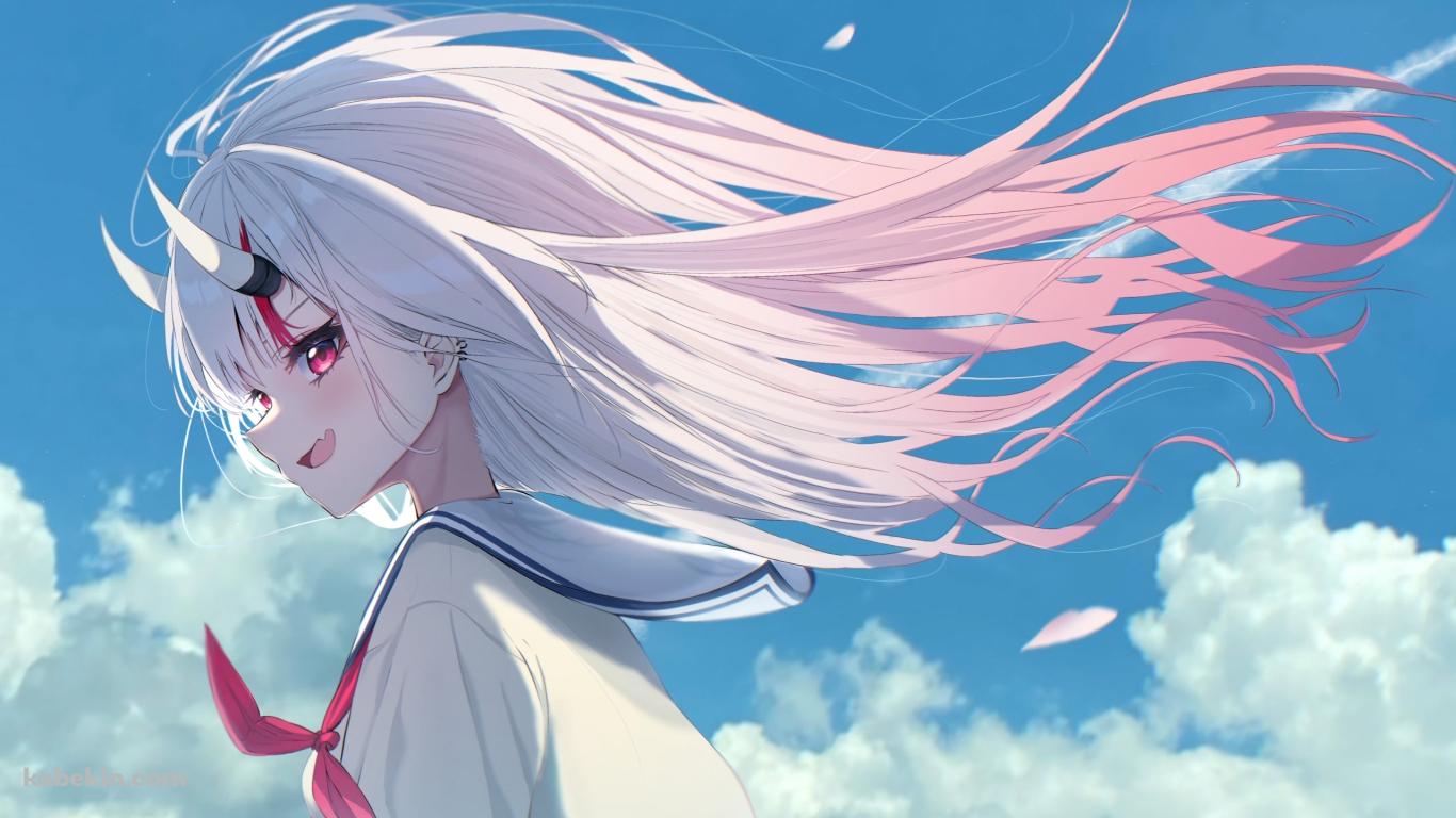 青空と制服を着た百鬼あやめ / バーチャルYouTuber / ホロライブの壁紙(1366px x 768px) 高画質 PC・デスクトップ用