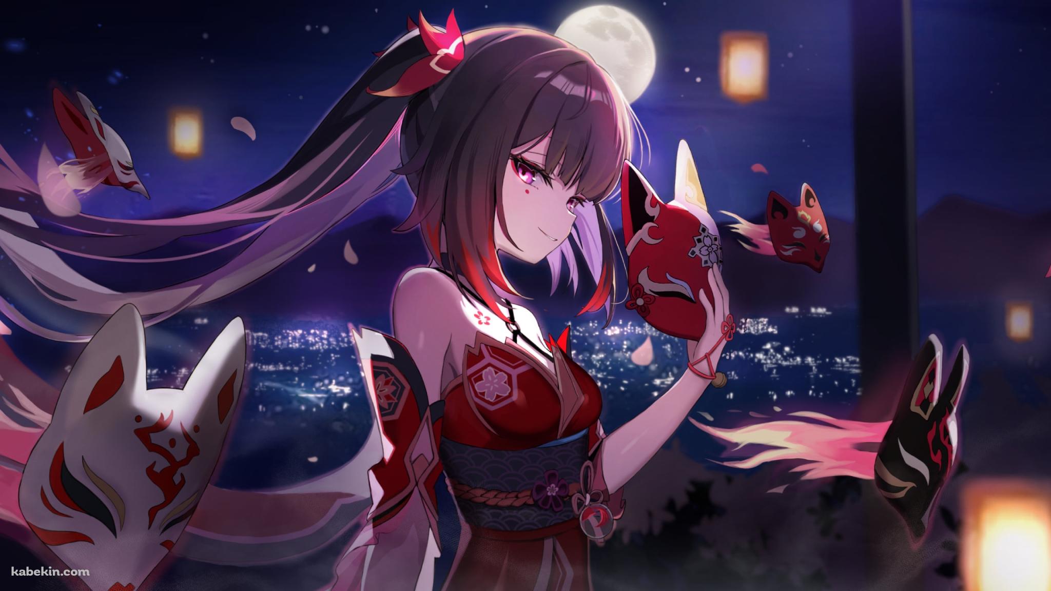 満月と狐面を持つ花火 / 崩壊:スターレイルの壁紙(2048px x 1152px) 高画質 PC・デスクトップ用