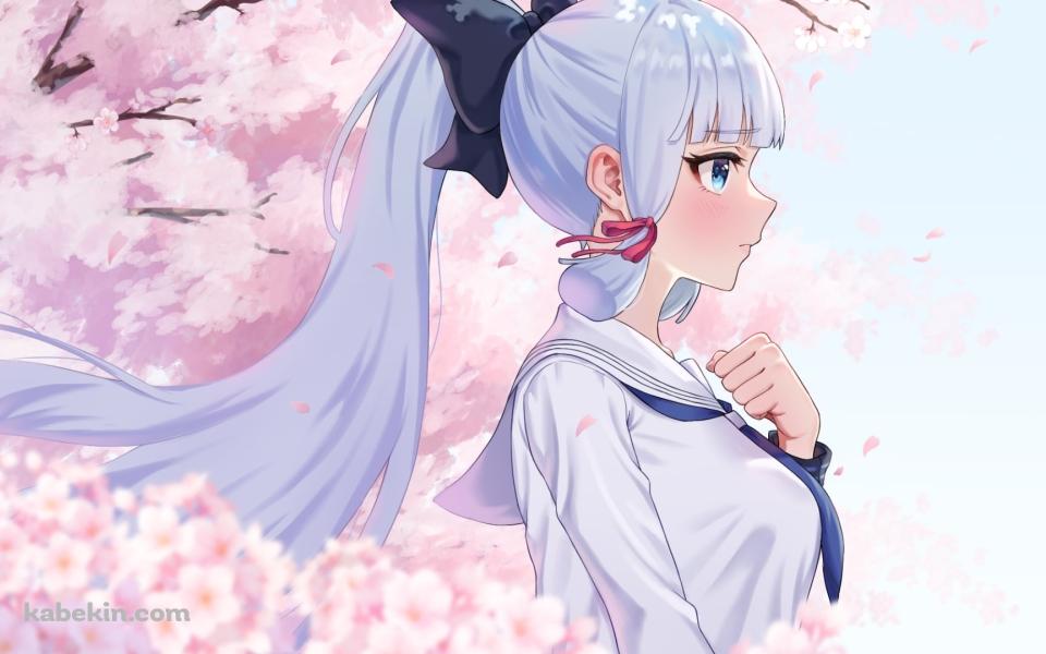 桜の花と制服姿の神里綾華 / 原神の壁紙(960px x 600px) 高画質 PC・デスクトップ用